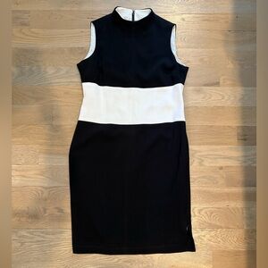 Worth Black and White Mock Neck Sheath Midi Dress